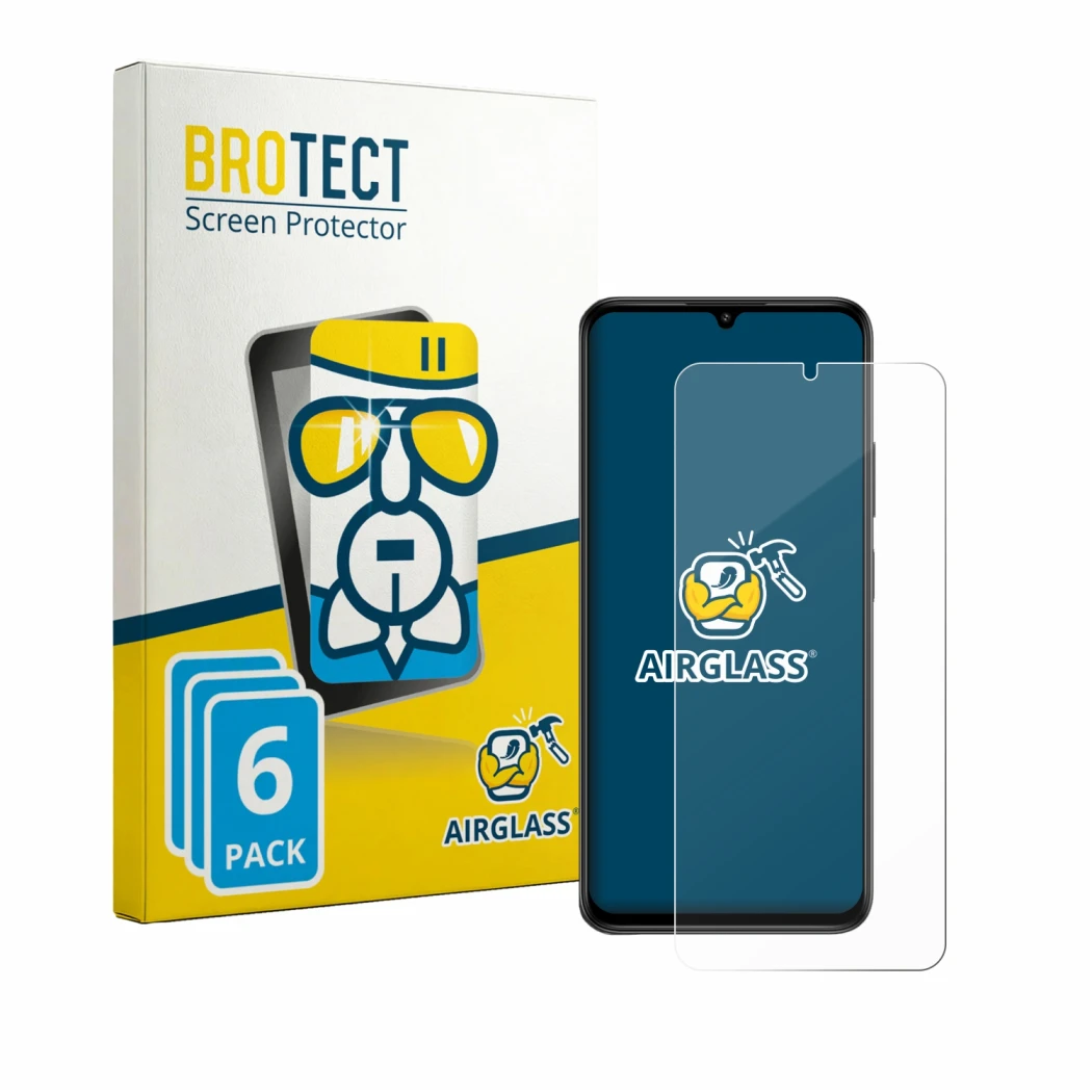 Front side of a product packaging with the brand logo BROTECT. Next to it is the device Lava Bold N2 shown with the correspond