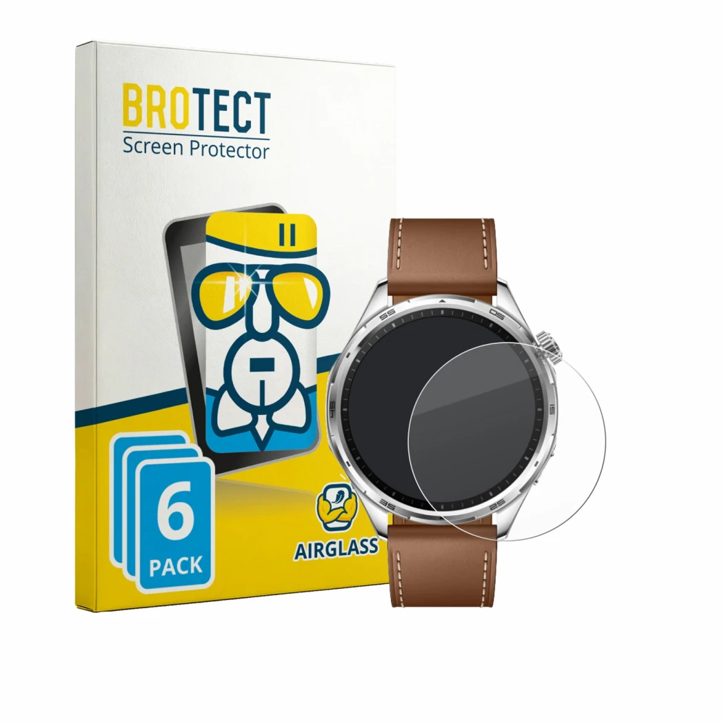 Front side of a product packaging with the brand logo BROTECT. Next to it is the device Honor Watch 6 shown with the correspon