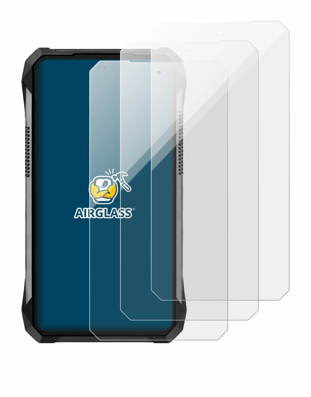 Image of the device Unihertz 8849 Tank 5 with a wide variety of screen protectors.