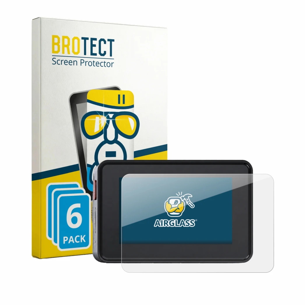 Front side of a product packaging with the brand logo BROTECT. Next to it is the device Vantrue Element 2 shown with the corre