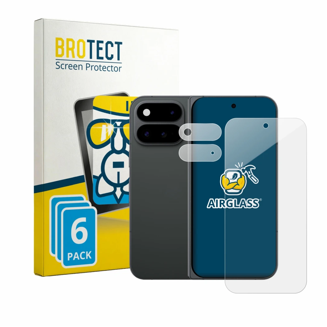 Front side of a product packaging with the brand logo BROTECT. Next to it is the device Google Pixel 11 Pro Fold (Front+Camera