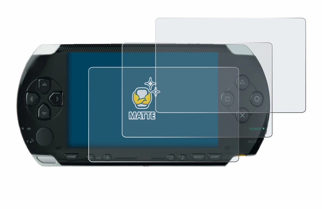 Image of the device Sony PSP 1000 with a wide variety of screen protectors.