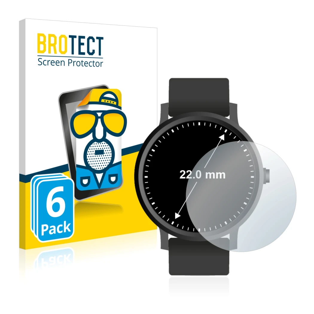 Front side of a product packaging with the brand logo BROTECT. Next to it is the device Watches (Circular, ø: 22 mm) shown wit