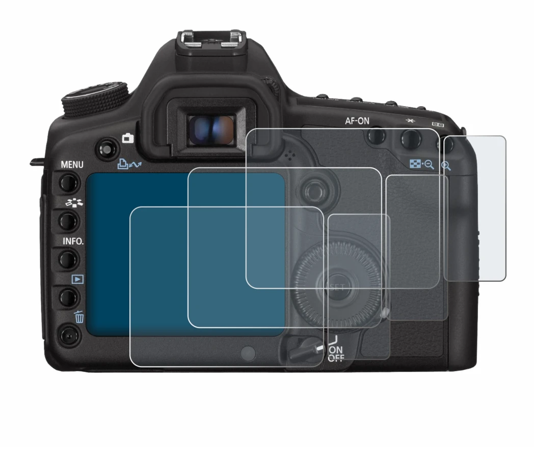 Image of the device Canon EOS 5D Mark II with a wide variety of screen protectors.