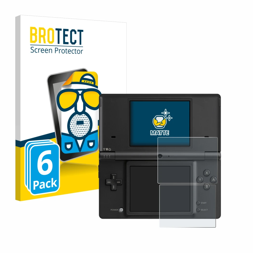 Front side of a product packaging with the brand logo BROTECT. Next to it is the device Nintendo DSi shown with the correspond