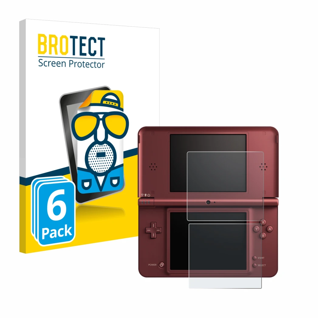 Front side of a product packaging with the brand logo BROTECT. Next to it is the device Nintendo DSi XL shown with the corresp