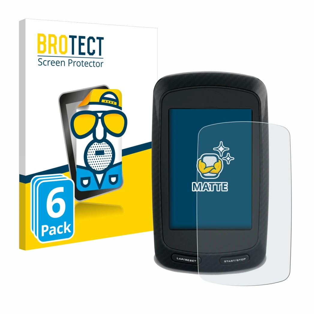 Front side of a product packaging with the brand logo BROTECT. Next to it is the device Garmin Edge 800 shown with the corresp