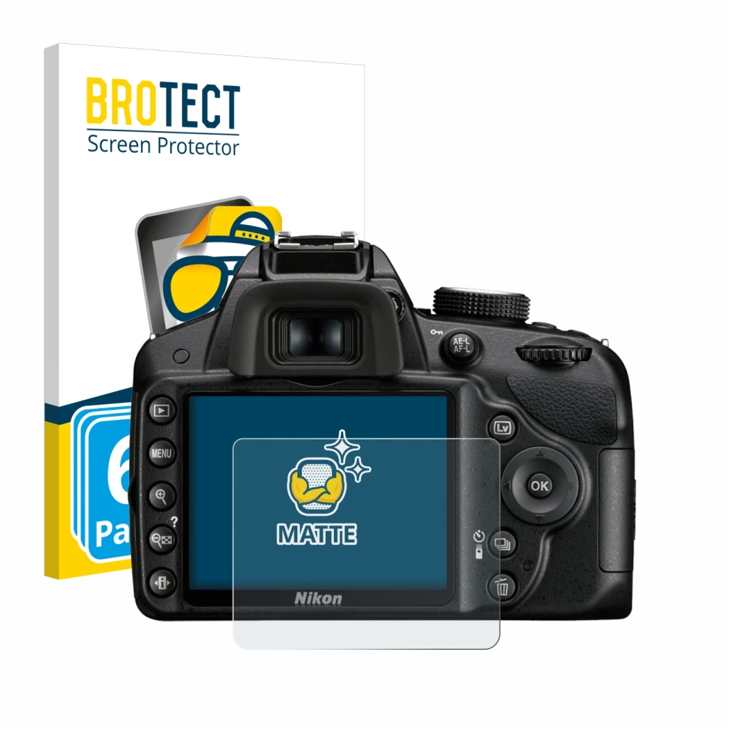 Front side of a product packaging with the brand logo BROTECT. Next to it is the device Nikon D3200 shown with the correspondi