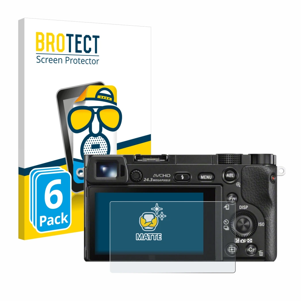Front side of a product packaging with the brand logo BROTECT. Next to it is the device Sony Alpha 6000 shown with the corresp