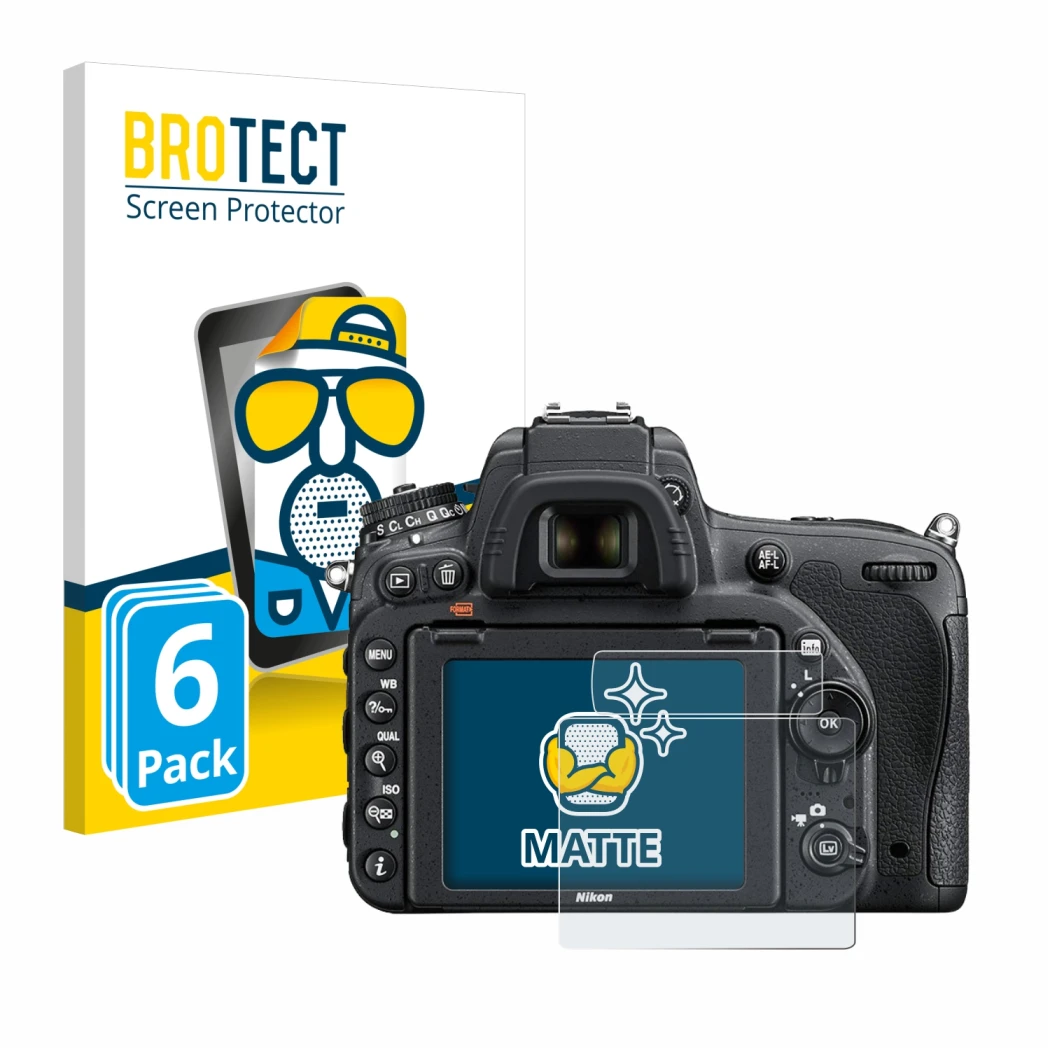 Front side of a product packaging with the brand logo BROTECT. Next to it is the device Nikon D750 shown with the correspondin