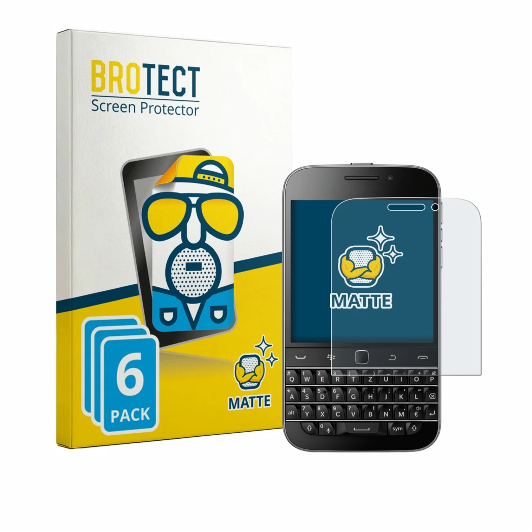 Front side of a product packaging with the brand logo BROTECT. Next to it is the device Blackberry Classic Q20 shown with the