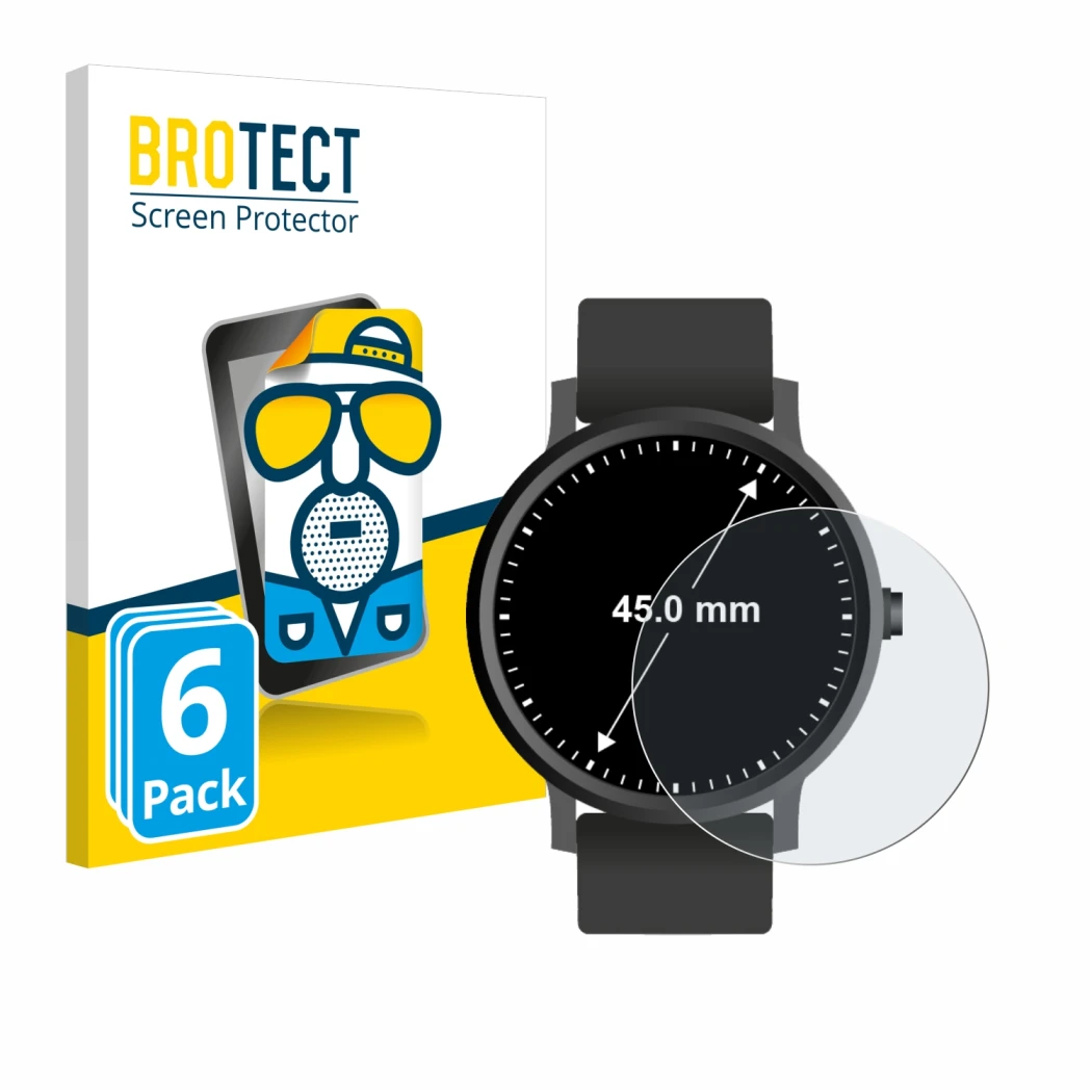 Front side of a product packaging with the brand logo BROTECT. Next to it is the device Watches (Circular, ø: 45 mm) shown wit