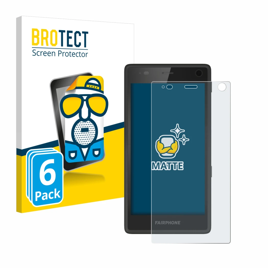 Front side of a product packaging with the brand logo BROTECT. Next to it is the device Fairphone 2 shown with the correspondi