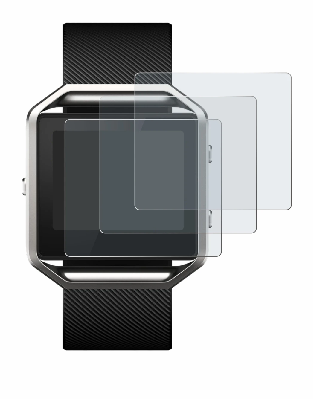 Image of the device Fitbit Blaze with a wide variety of screen protectors.