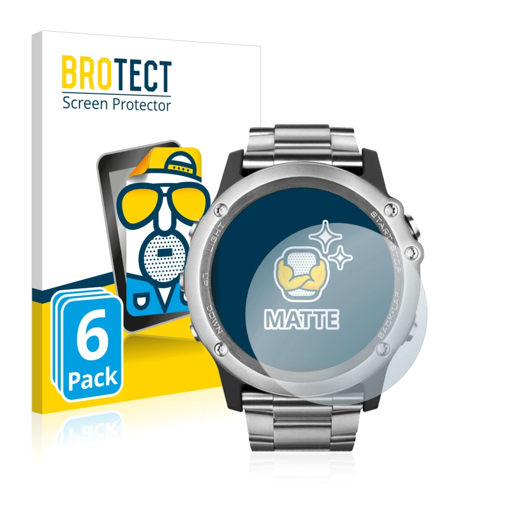 Front side of a product packaging with the brand logo BROTECT. Next to it is the device Garmin Fenix 3 Saphir shown with the c