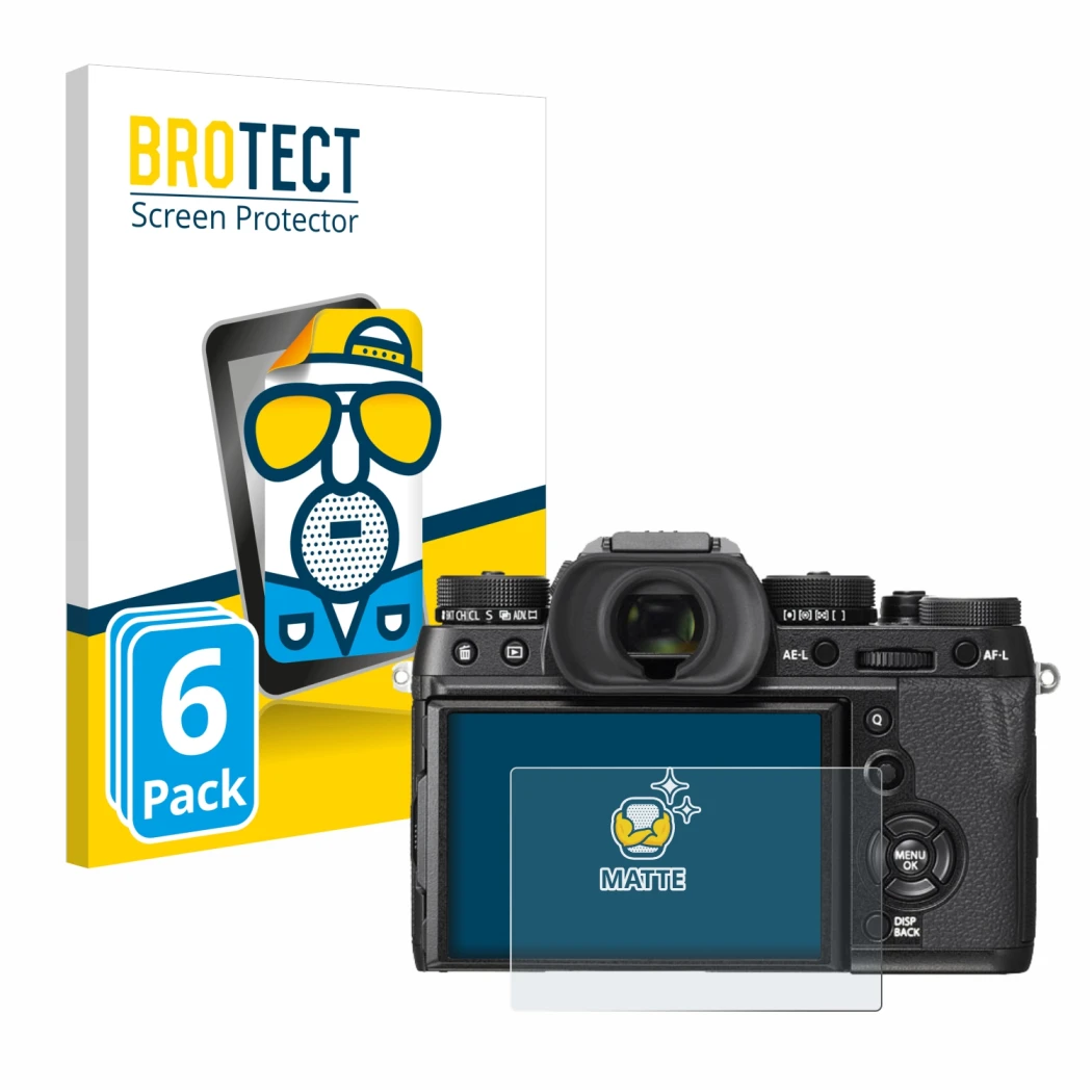Front side of a product packaging with the brand logo BROTECT. Next to it is the device Fujifilm X-T2 shown with the correspon