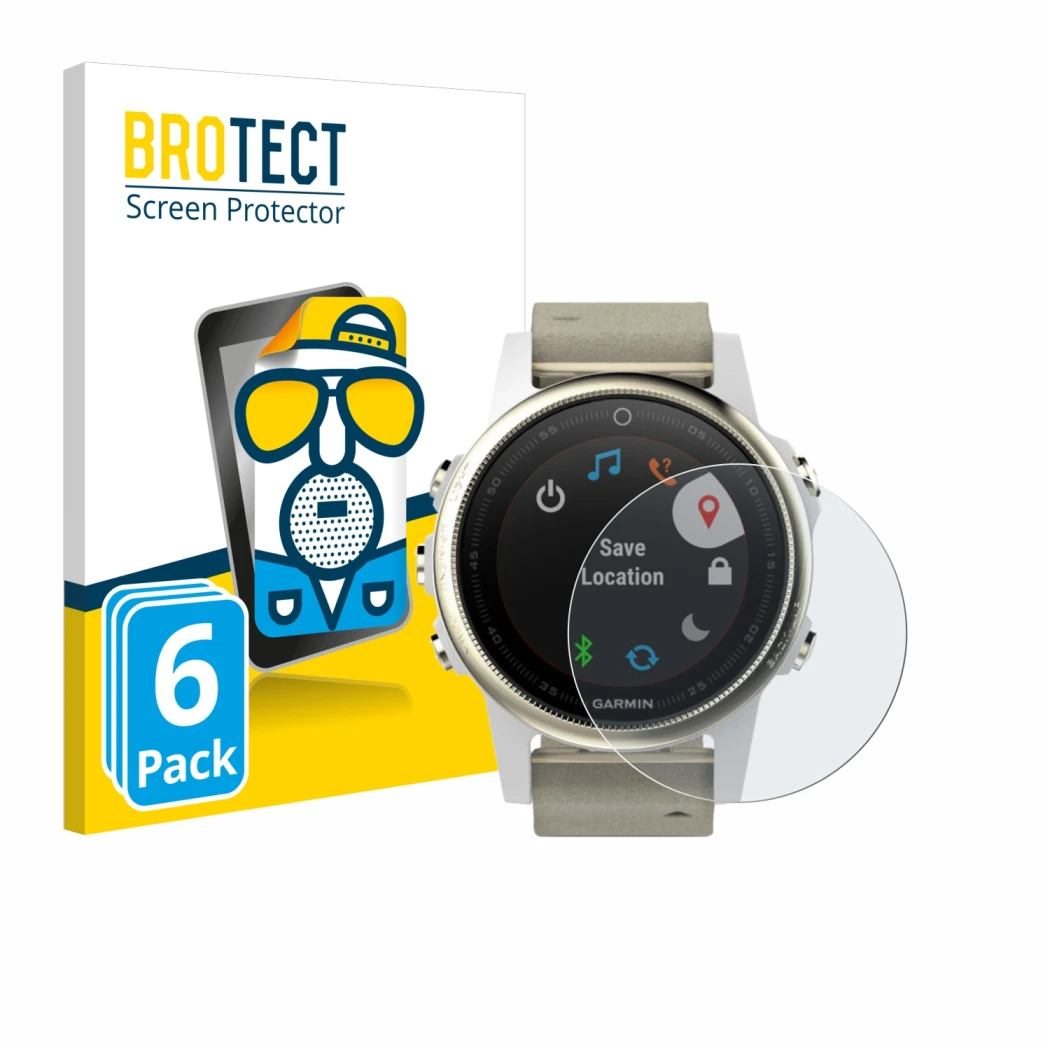 Front side of a product packaging with the brand logo BROTECT. Next to it is the device Garmin Fenix 5S (42 mm) shown with the