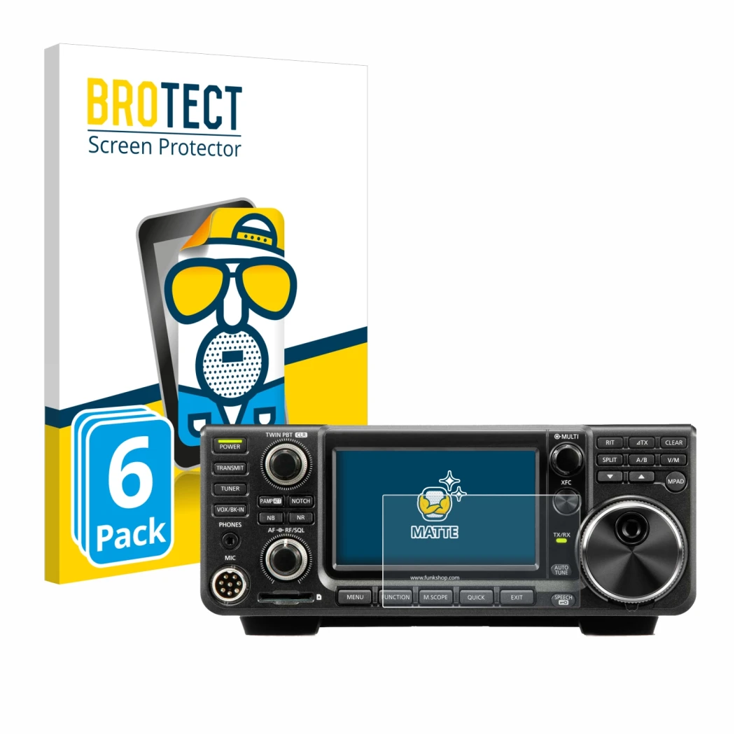 Front side of a product packaging with the brand logo BROTECT. Next to it is the device Icom IC-7300 shown with the correspond