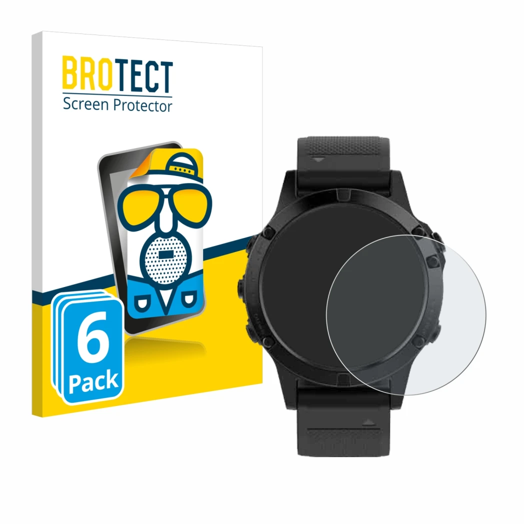 Front side of a product packaging with the brand logo BROTECT. Next to it is the device Garmin Fenix 5 (47 mm) shown with the