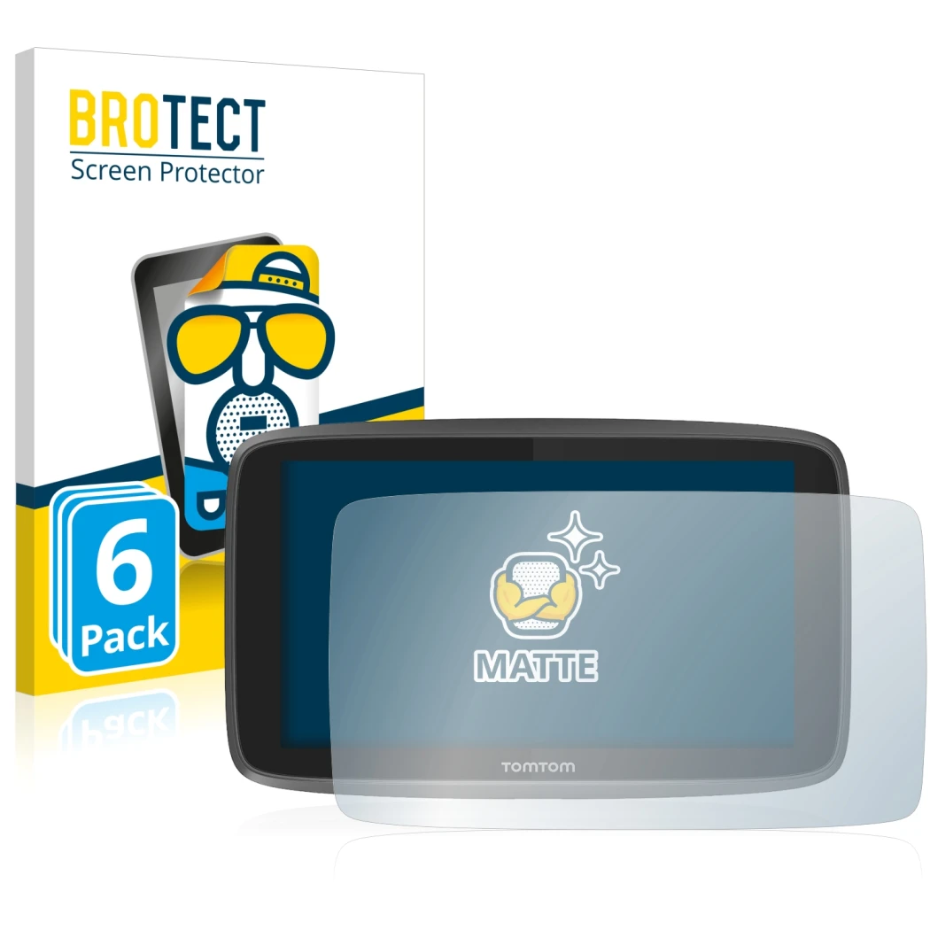 Front side of a product packaging with the brand logo BROTECT. Next to it is the device TomTom Go 6200 shown with the correspo