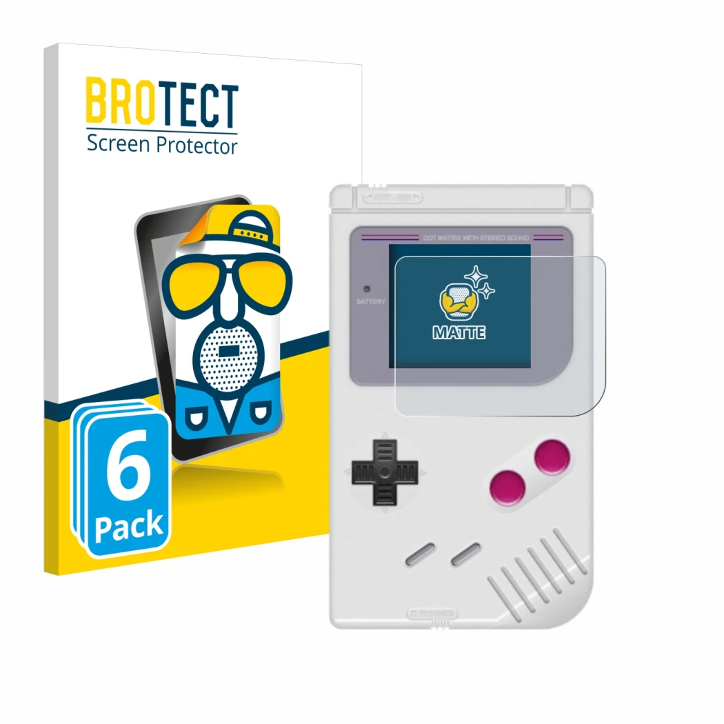 Front side of a product packaging with the brand logo BROTECT. Next to it is the device Nintendo Gameboy (1989) shown with the