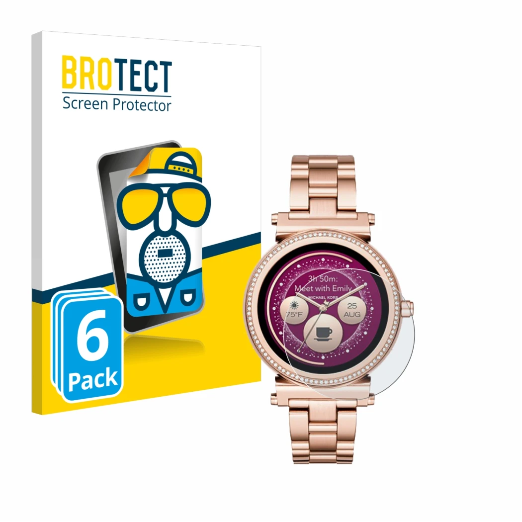 Front side of a product packaging with the brand logo BROTECT. Next to it is the device Michael Kors Access Sofie shown with t