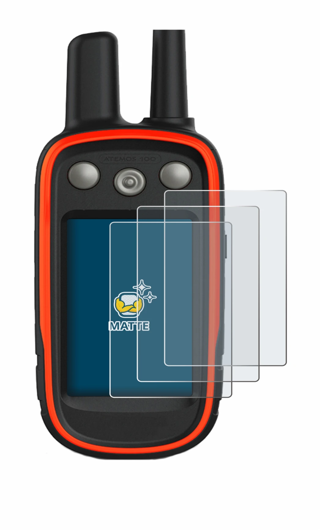 Image of the device Garmin Atemos 100 with a wide variety of screen protectors.