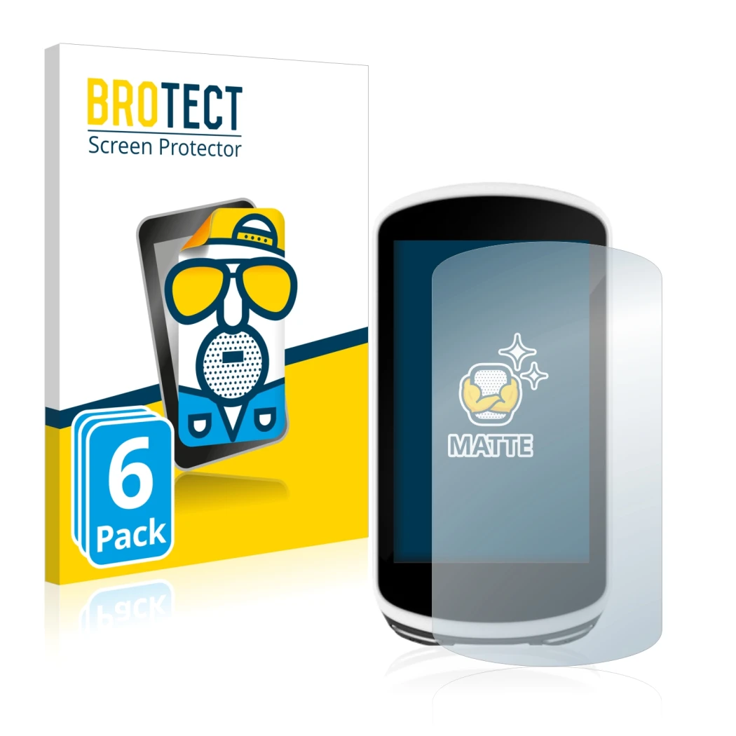 Front side of a product packaging with the brand logo BROTECT. Next to it is the device Garmin Edge 1030 shown with the corres