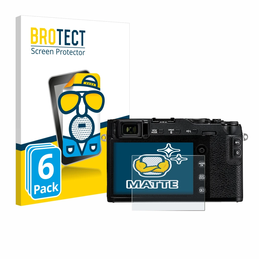 Front side of a product packaging with the brand logo BROTECT. Next to it is the device Fujifilm X-E3 shown with the correspon