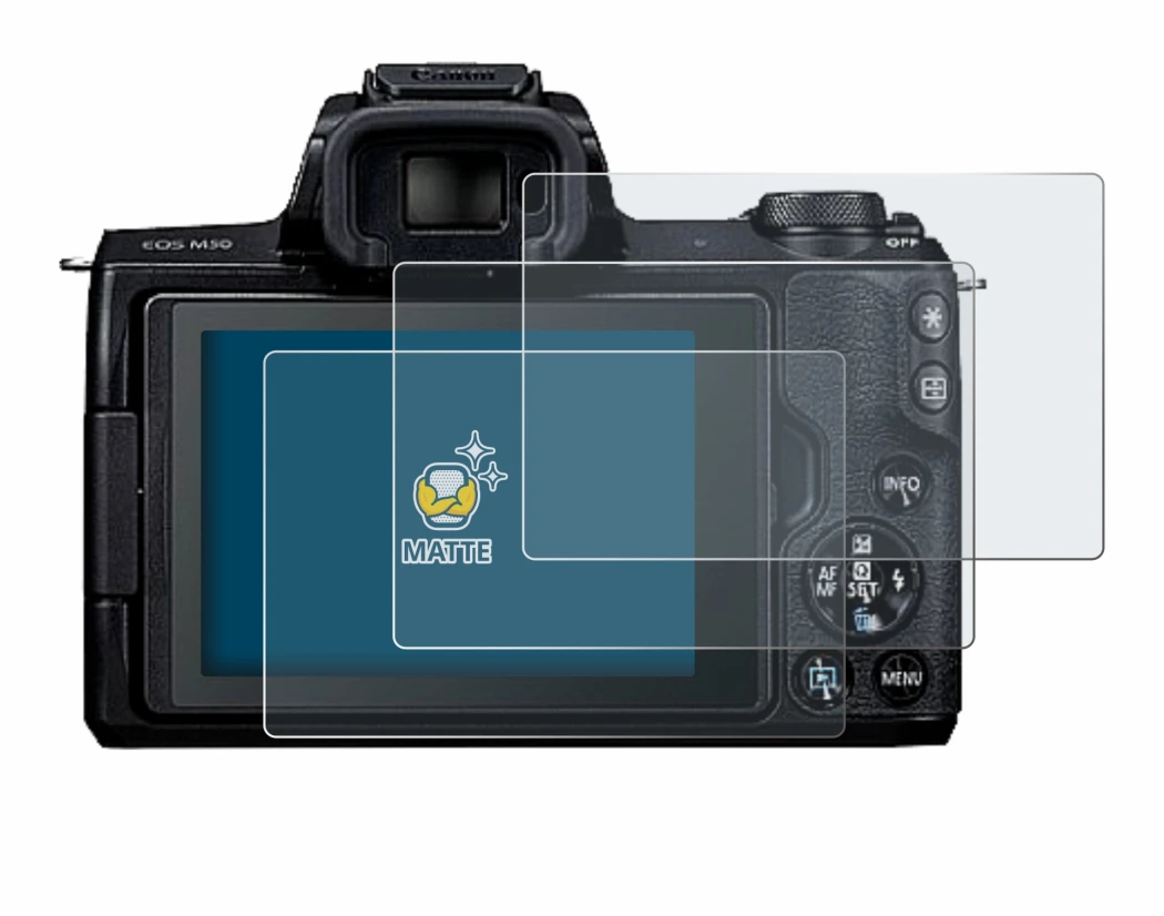 Image of the device Canon EOS M50 with a wide variety of screen protectors.