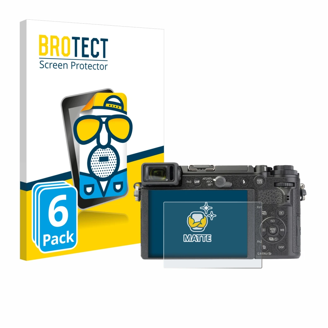 Front side of a product packaging with the brand logo BROTECT. Next to it is the device Panasonic Lumix DC-GX9 shown with the 