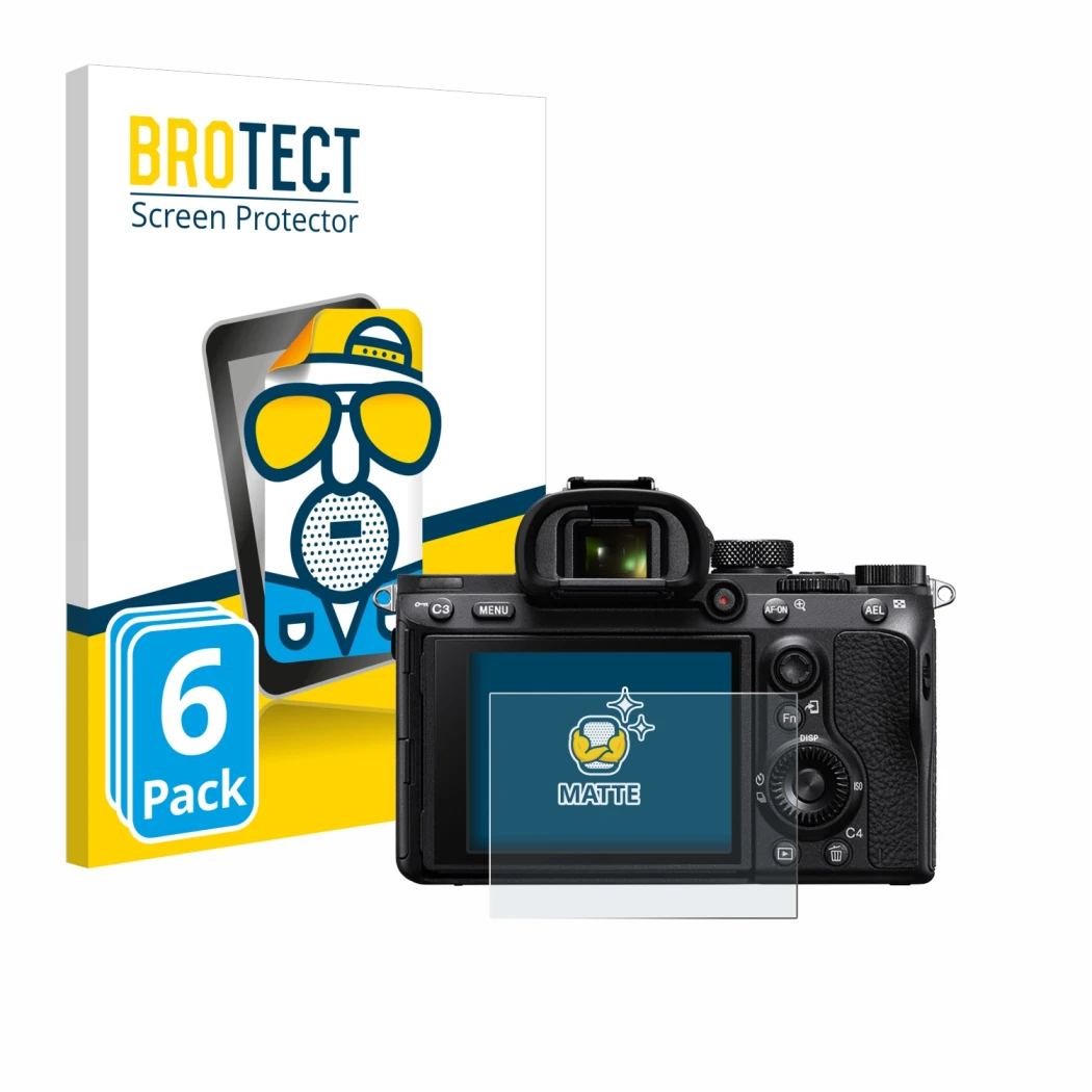 Front side of a product packaging with the brand logo BROTECT. Next to it is the device Sony Alpha 7 III (ILCE-7M3) shown with