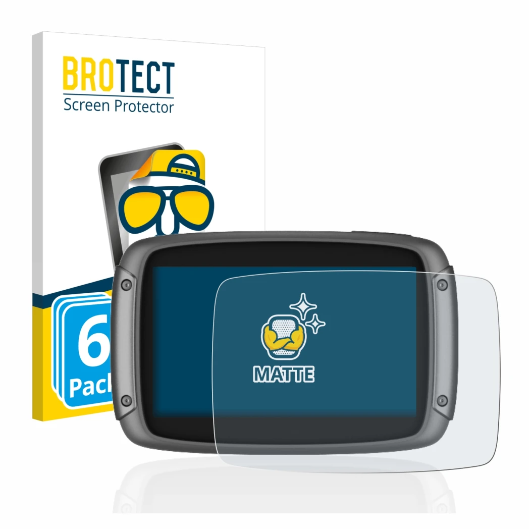 Front side of a product packaging with the brand logo BROTECT. Next to it is the device TomTom Rider 550 shown with the corres