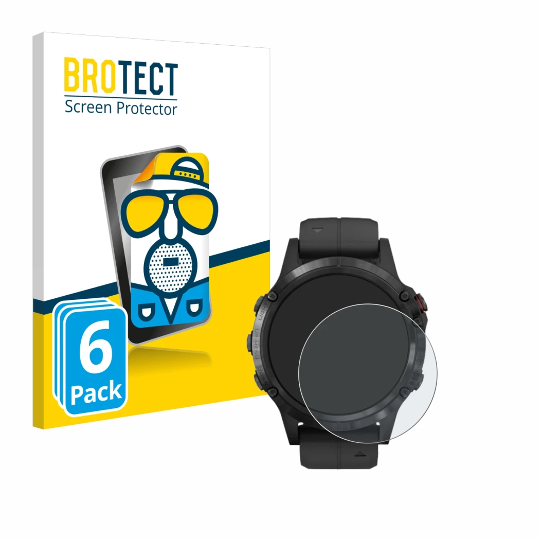 Front side of a product packaging with the brand logo BROTECT. Next to it is the device Garmin Fenix 5 Plus (47 mm) shown with