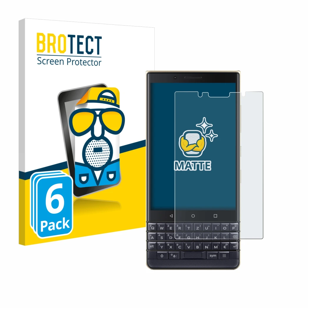 Front side of a product packaging with the brand logo BROTECT. Next to it is the device BlackBerry Key2 LE shown with the corr