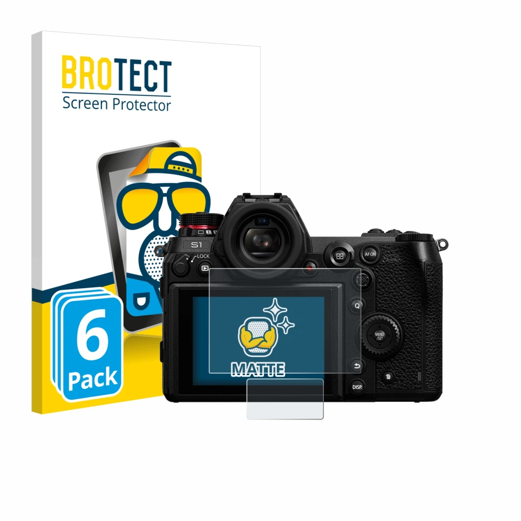 Front side of a product packaging with the brand logo BROTECT. Next to it is the device Panasonic Lumix DC-S1 shown with the c