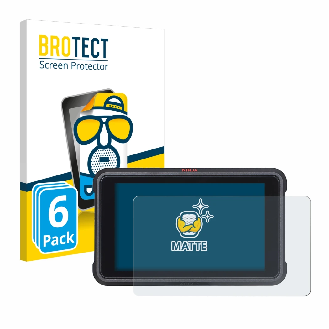 Front side of a product packaging with the brand logo BROTECT. Next to it is the device Atomos Ninja V shown with the correspo
