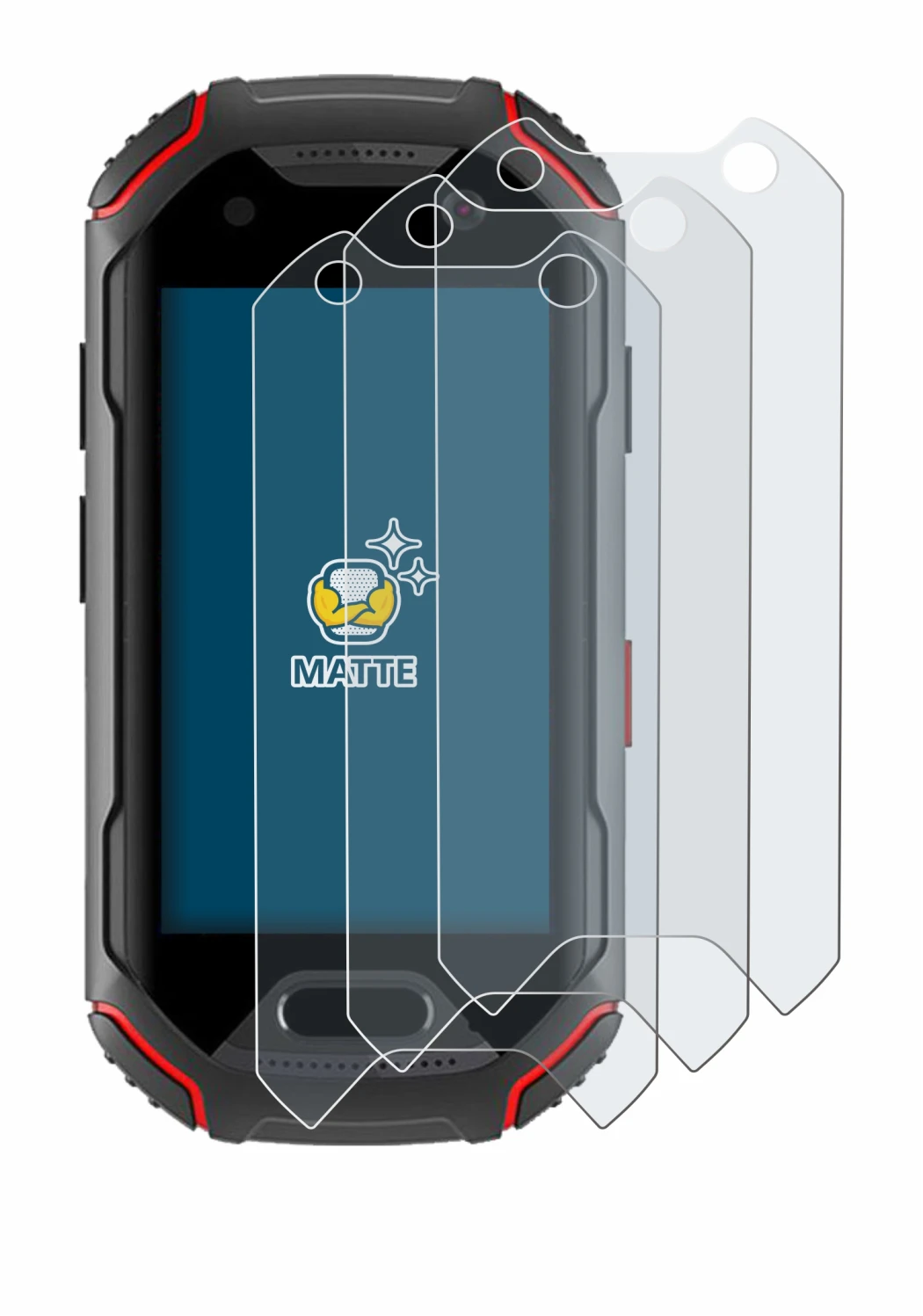 Image of the device Unihertz Atom with a wide variety of screen protectors.