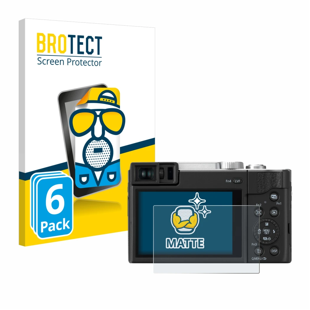 Front side of a product packaging with the brand logo BROTECT. Next to it is the device Panasonic Lumix DC-TZ96 shown with the