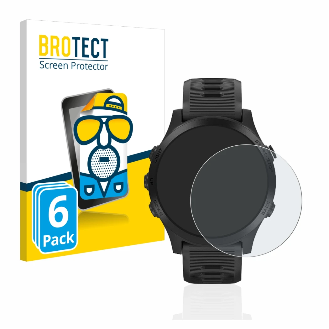 Front side of a product packaging with the brand logo BROTECT. Next to it is the device Garmin Forerunner 945 shown with the c