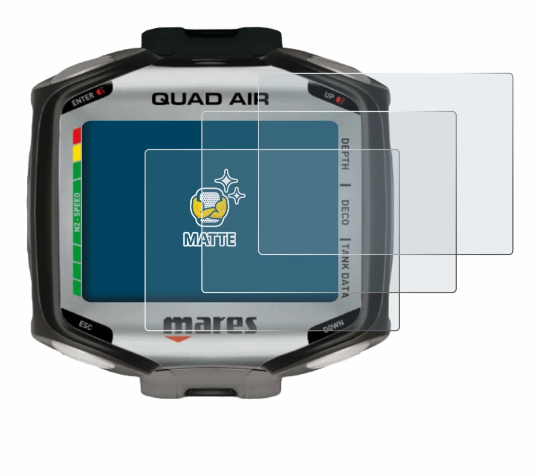 Image of the device Mares Quad Air with a wide variety of screen protectors.