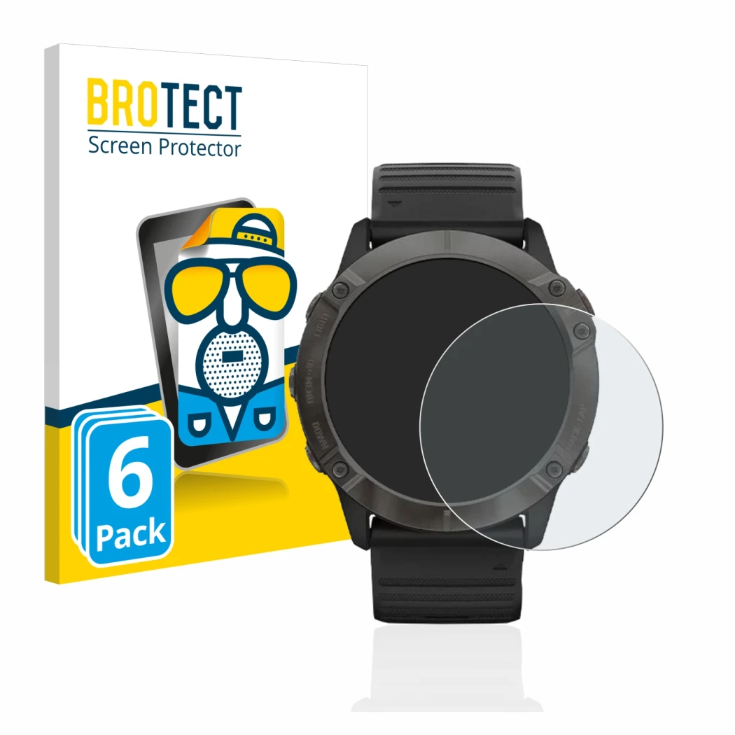 Front side of a product packaging with the brand logo BROTECT. Next to it is the device Garmin Fenix 6X Pro shown with the cor