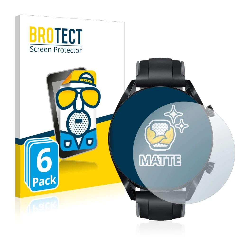 Front side of a product packaging with the brand logo BROTECT. Next to it is the device Huawei Watch GT 2 (46 mm) shown with t