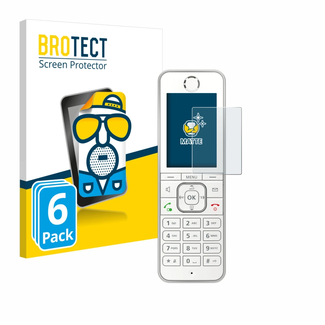 Front side of a product packaging with the brand logo BROTECT. Next to it is the device AVM Fritz!Fon C6 shown with the corres