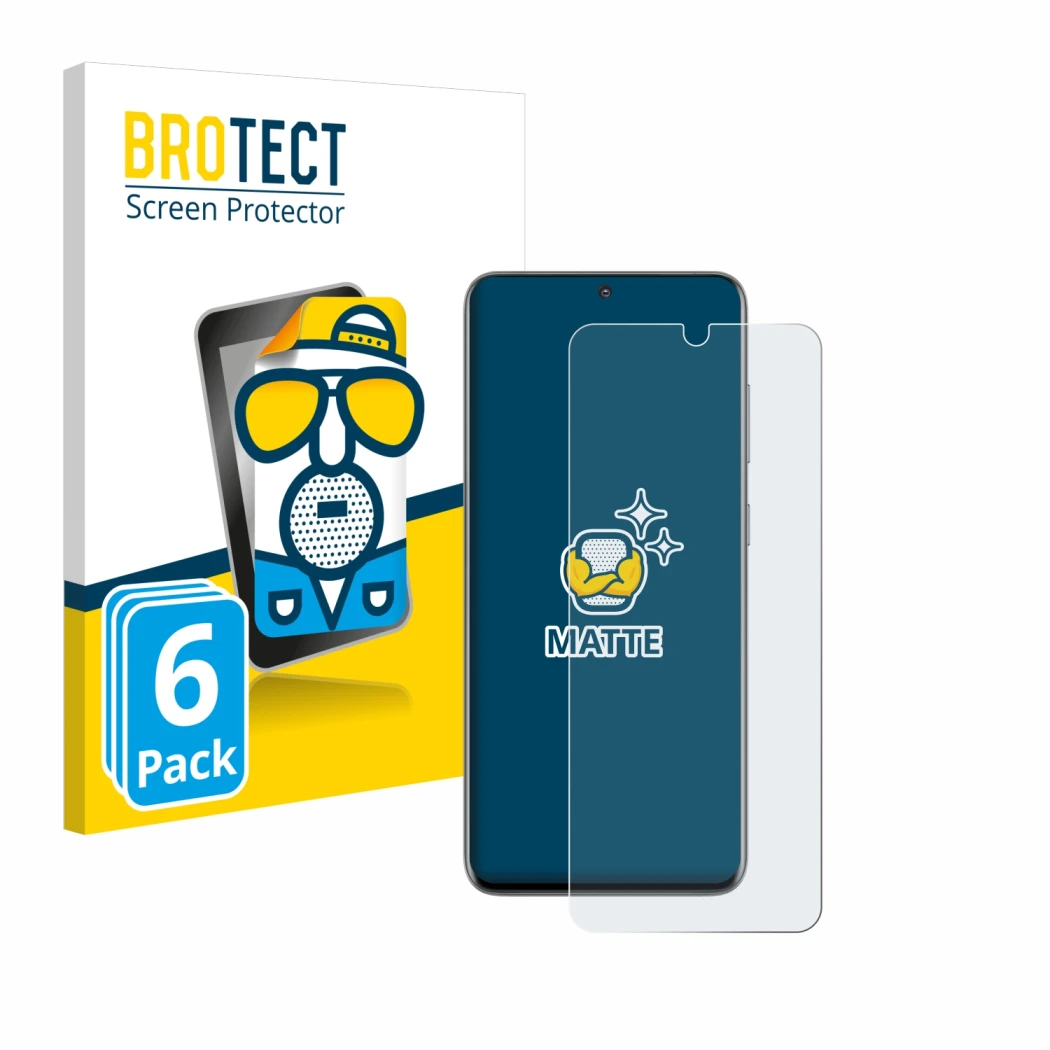 Front side of a product packaging with the brand logo BROTECT. Next to it is the device Samsung Galaxy S20 shown with the corr