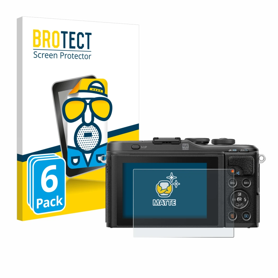 Front side of a product packaging with the brand logo BROTECT. Next to it is the device Olympus PEN E-PL10 shown with the corr