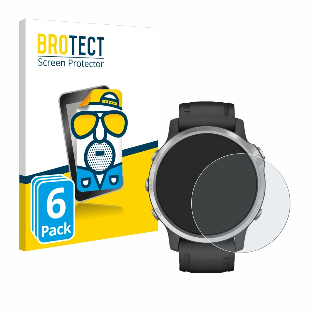 Front side of a product packaging with the brand logo BROTECT. Next to it is the device Garmin Fenix 6S shown with the corresp