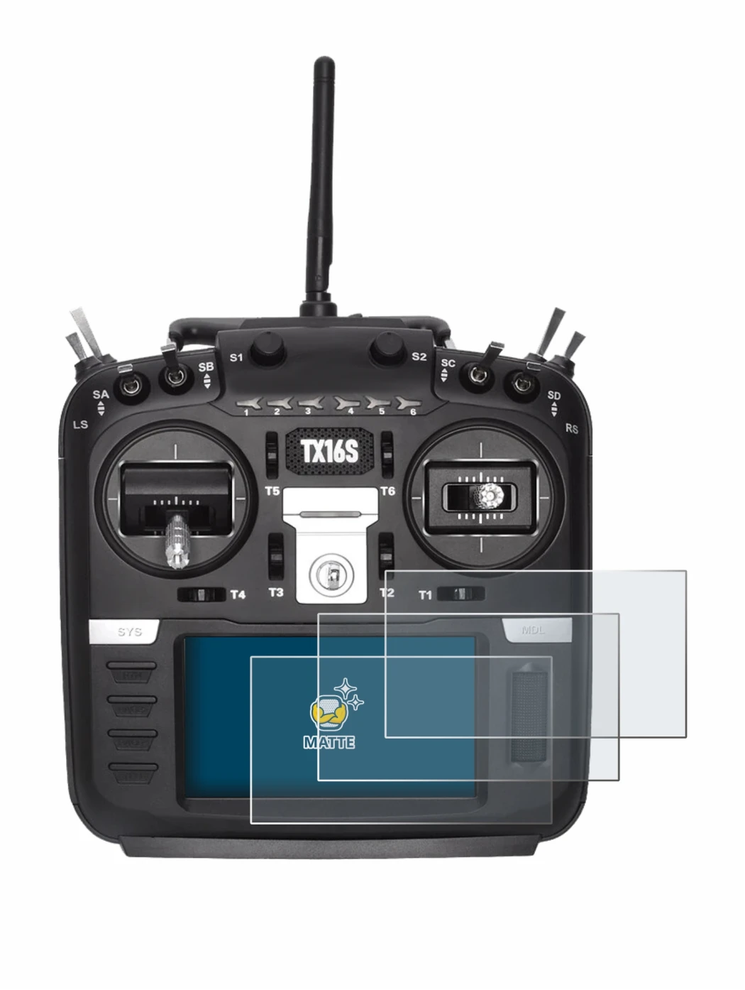 Image of the device Radiomaster TX16S with a wide variety of screen protectors.