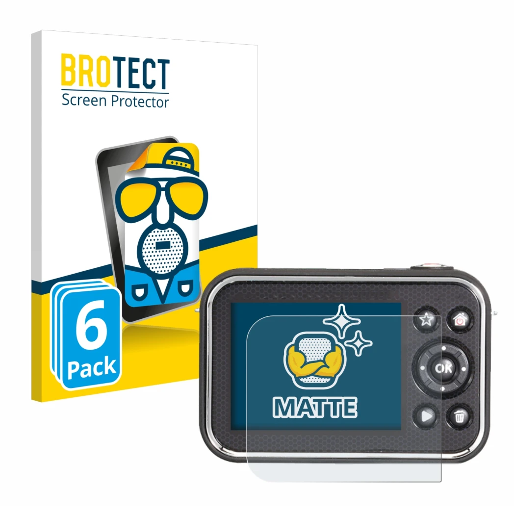 Front side of a product packaging with the brand logo BROTECT. Next to it is the device Vtech Kidizoom Video Studio HD shown w