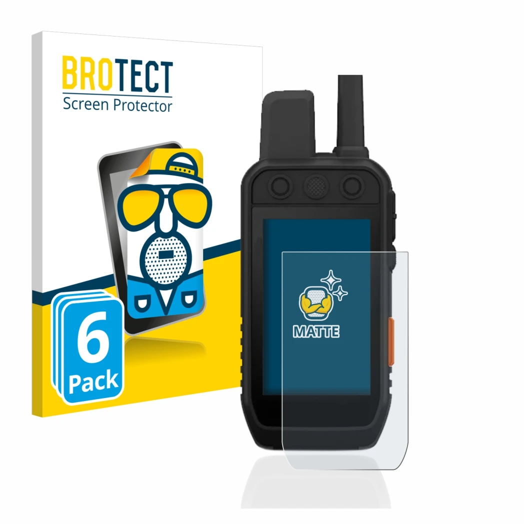 Front side of a product packaging with the brand logo BROTECT. Next to it is the device Garmin Alpha 200 K shown with the corr
